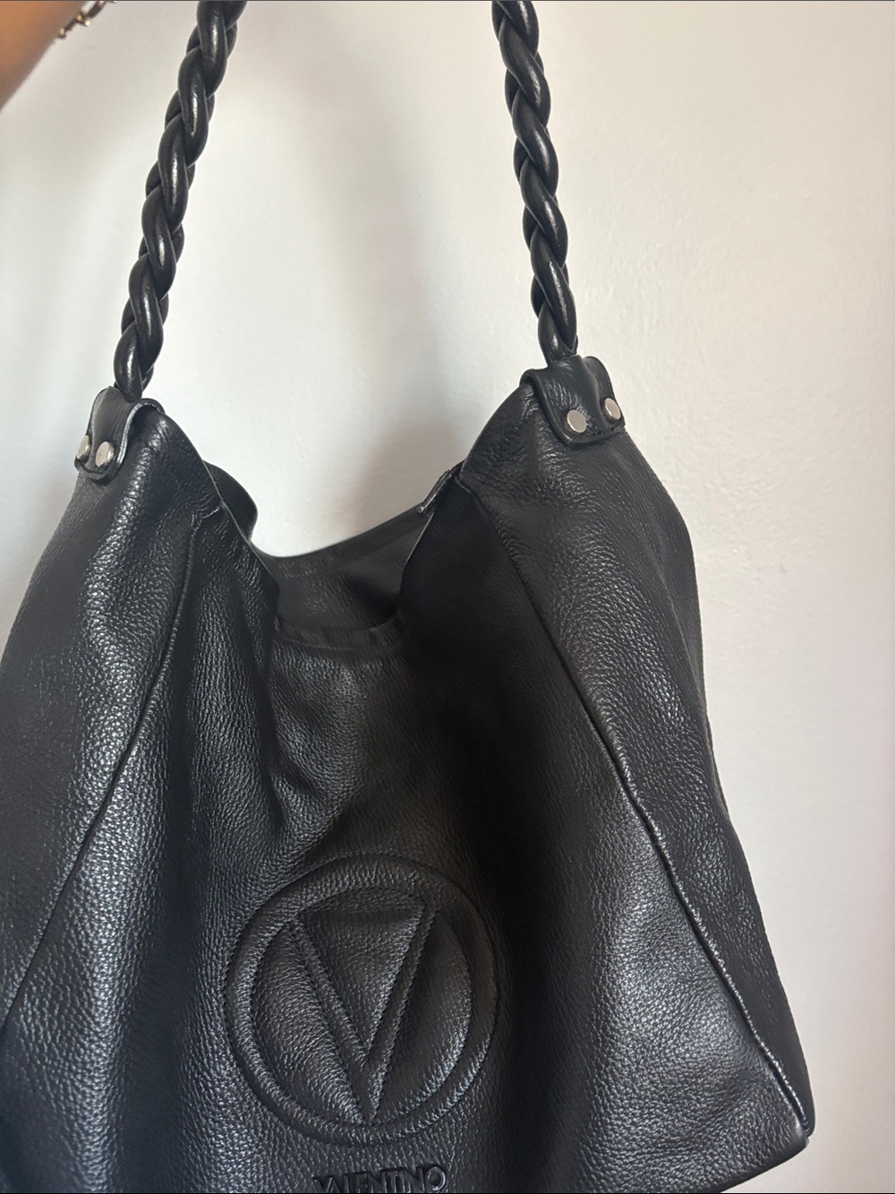 Valentino by Mario Valentino Black Pebbled Leather Shoulder Bag